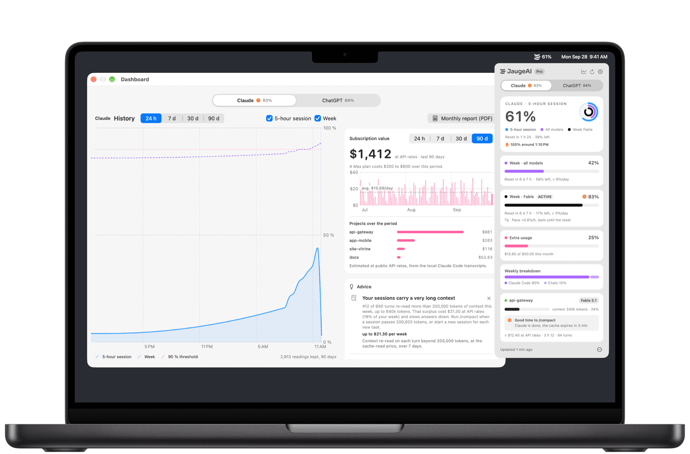JaugeAI on Mac: the menu bar panel and the dashboard