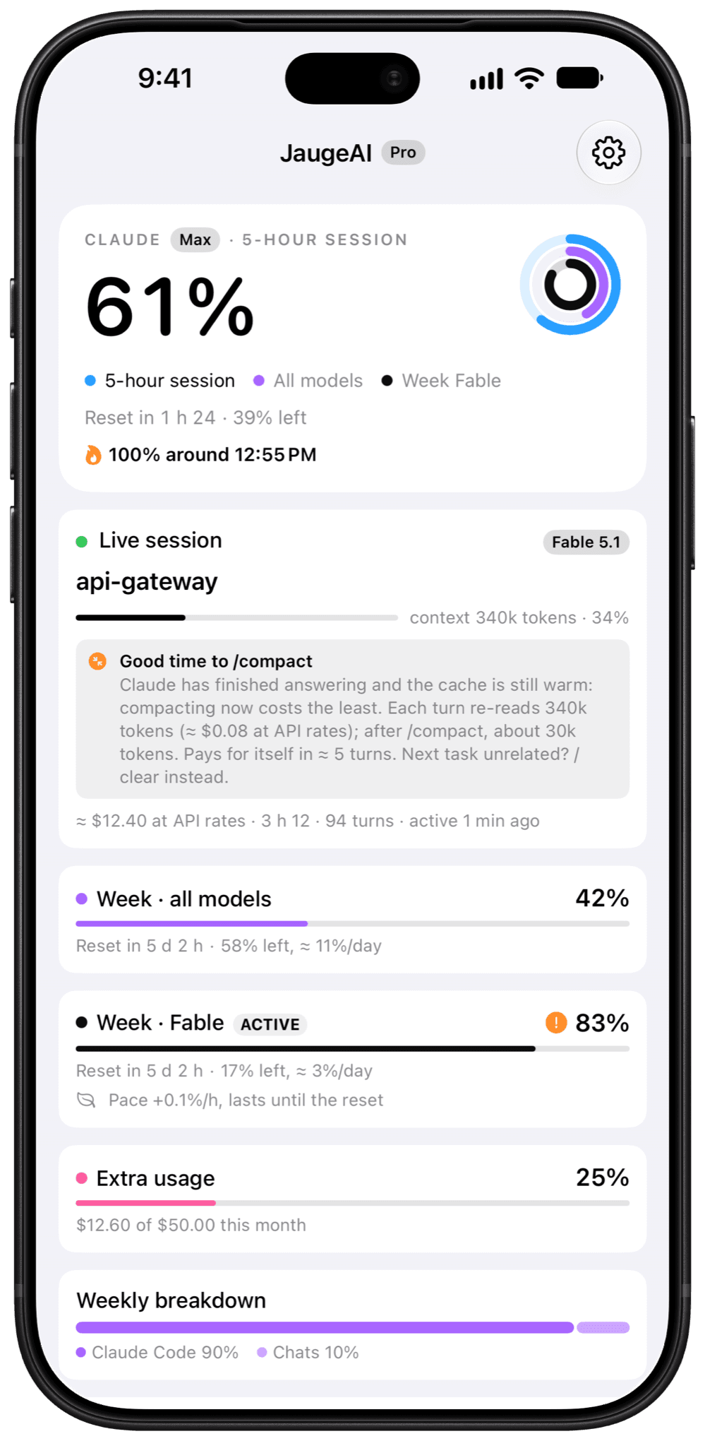JaugeAI on iPhone: the 5-hour session at 61%, with its three rings