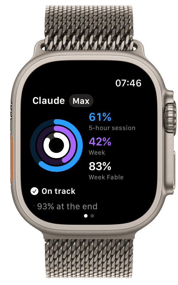 JaugeAI’s Rings page on Apple Watch Ultra: 5-hour session at 61%, all models at 42%, Fable week at 83%