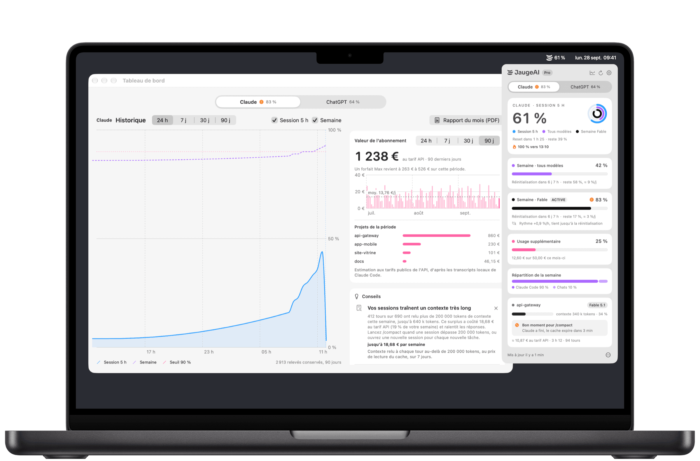 JaugeAI sur Mac : le panneau de la barre des menus et le tableau de bord