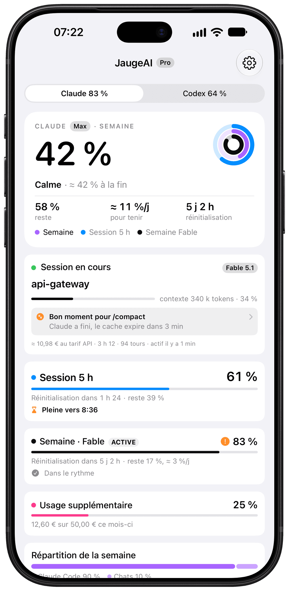 JaugeAI sur iPhone avec Claude et Codex connectés : l’onglet Claude, semaine tous modèles à 42 %, et la session en cours