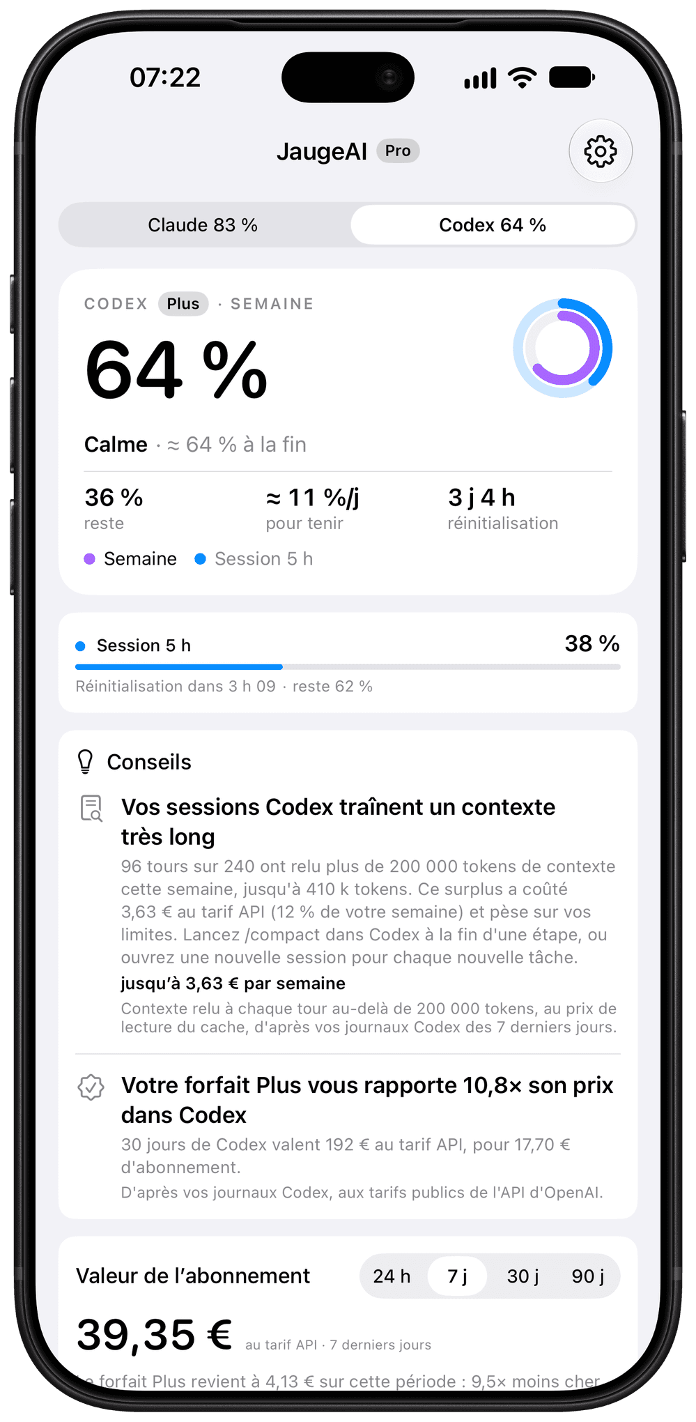 La même app sur l’onglet Codex : semaine à 64 %, session 5 h à 38 %, valeur de l’abonnement au tarif de l’API d’OpenAI et projets de la période