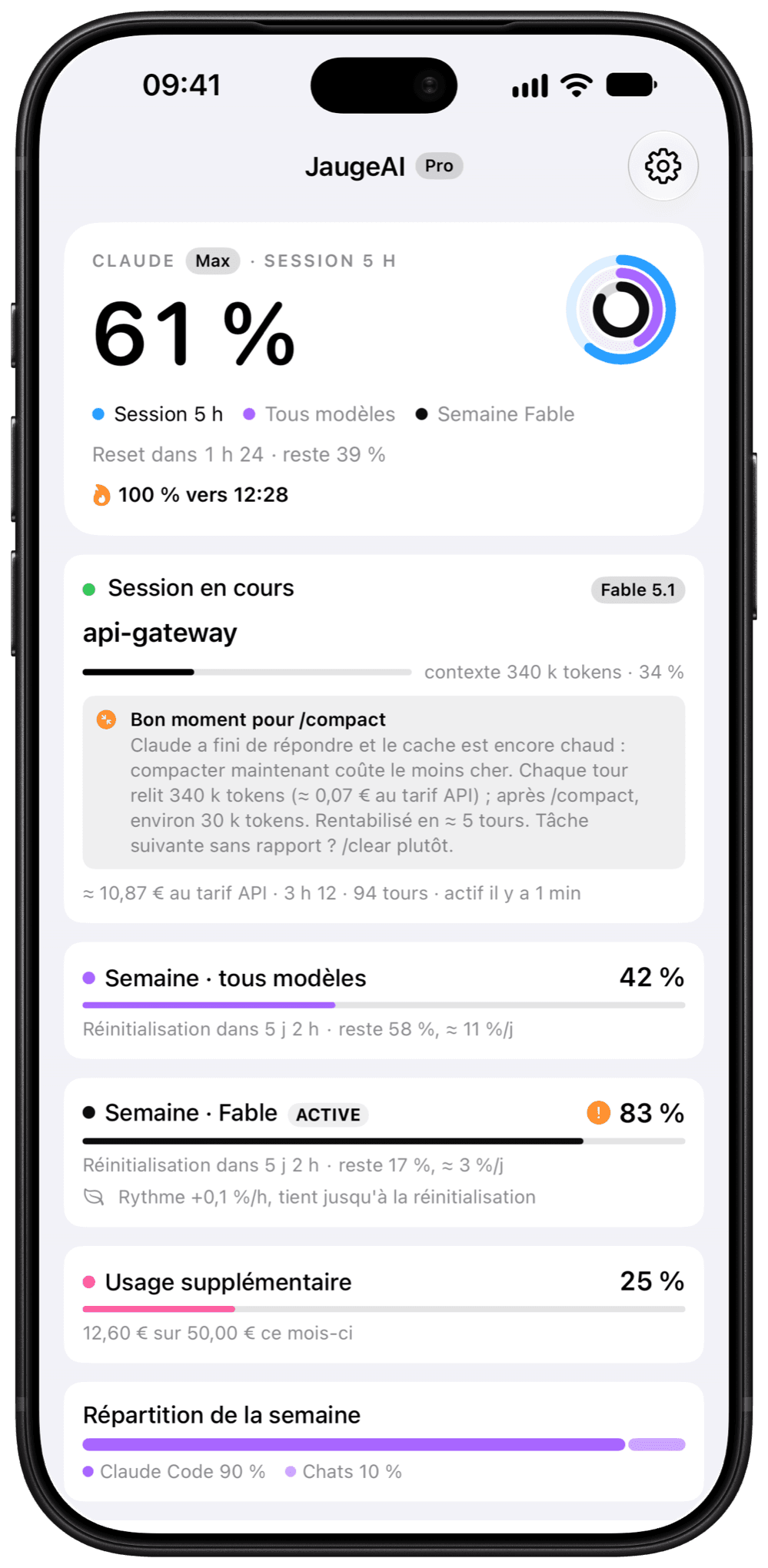 JaugeAI sur iPhone : la session de 5 h à 61 %, avec ses trois anneaux