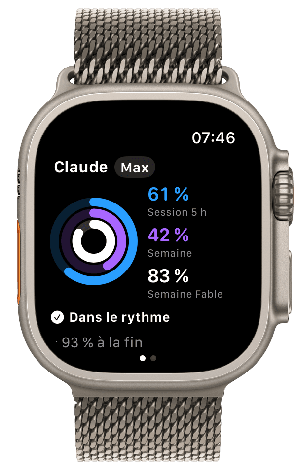 La page Anneaux de JaugeAI sur Apple Watch Ultra : session 5 h à 61 %, tous modèles à 42 %, semaine Fable à 83 %