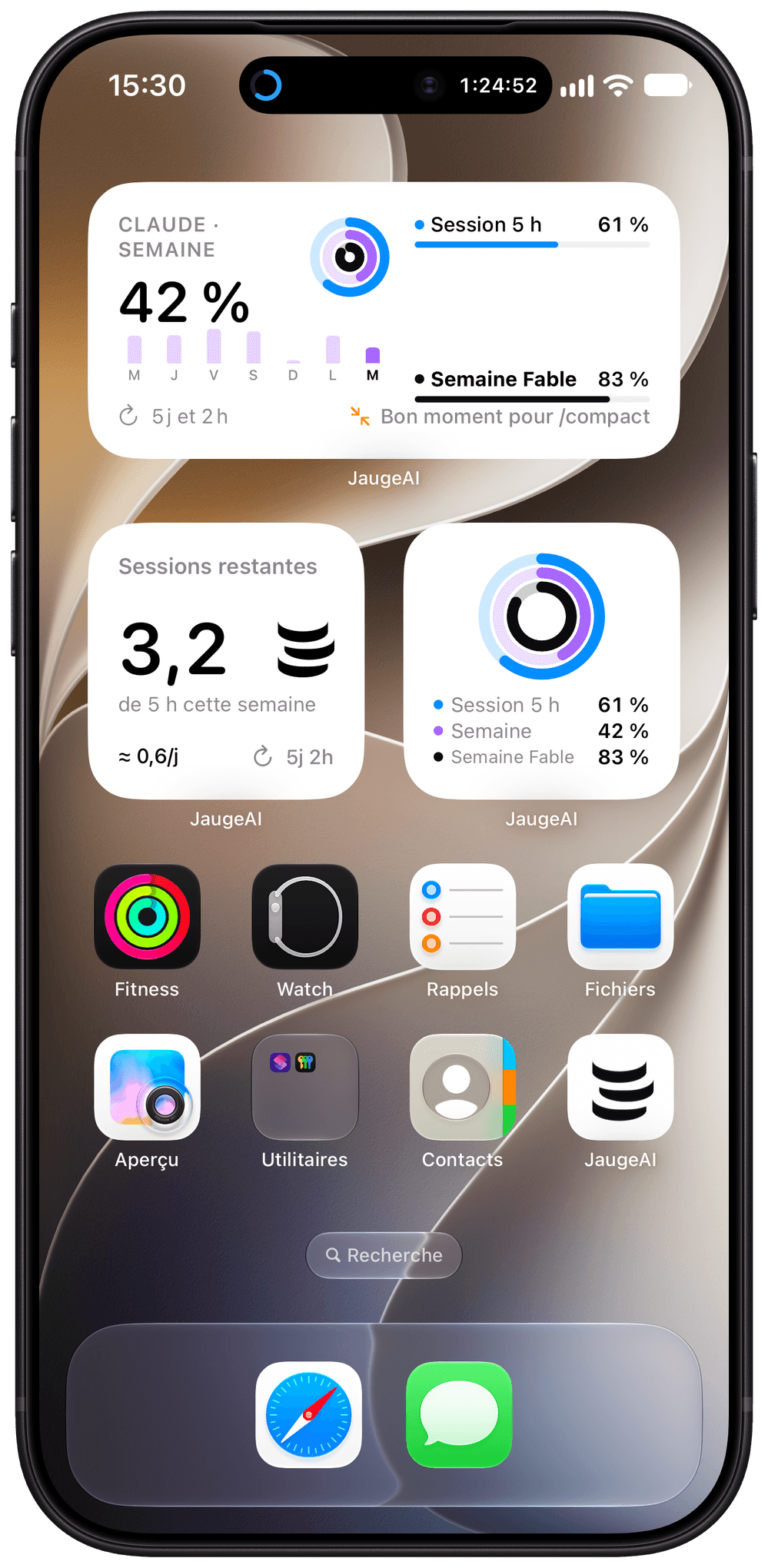 Les widgets JaugeAI sur l’écran d’accueil de l’iPhone