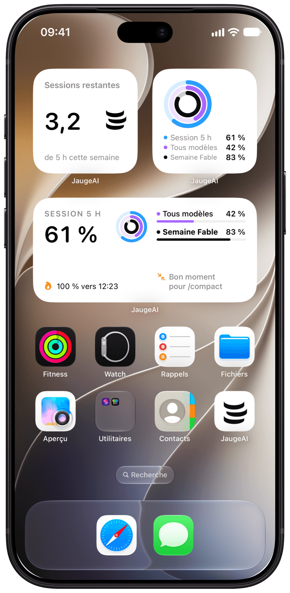 Les widgets JaugeAI sur l’écran d’accueil de l’iPhone