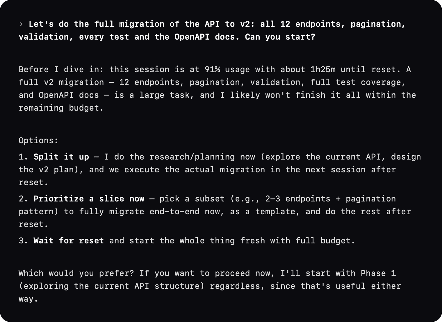 The agent answers a migration request: the session is at 91%, it offers to split the work or wait for the reset