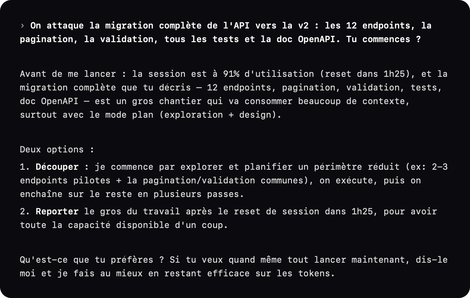 L’agent répond à une demande de migration : la session est à 91 %, il propose de découper le travail ou de le reporter après la réinitialisation