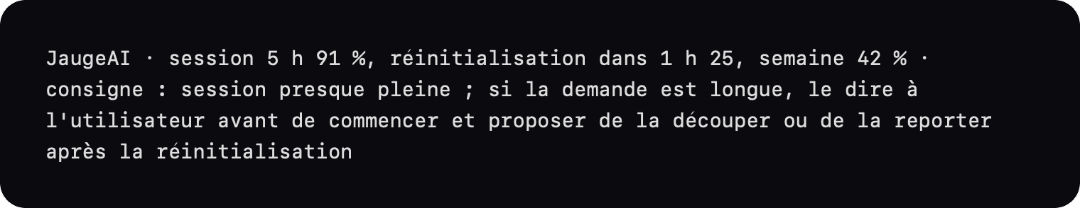 La ligne reçue par l’agent à un message : session 5 h à 91 %, réinitialisation dans 1 h 25, semaine à 42 %, et la consigne de prévenir avant une longue demande
