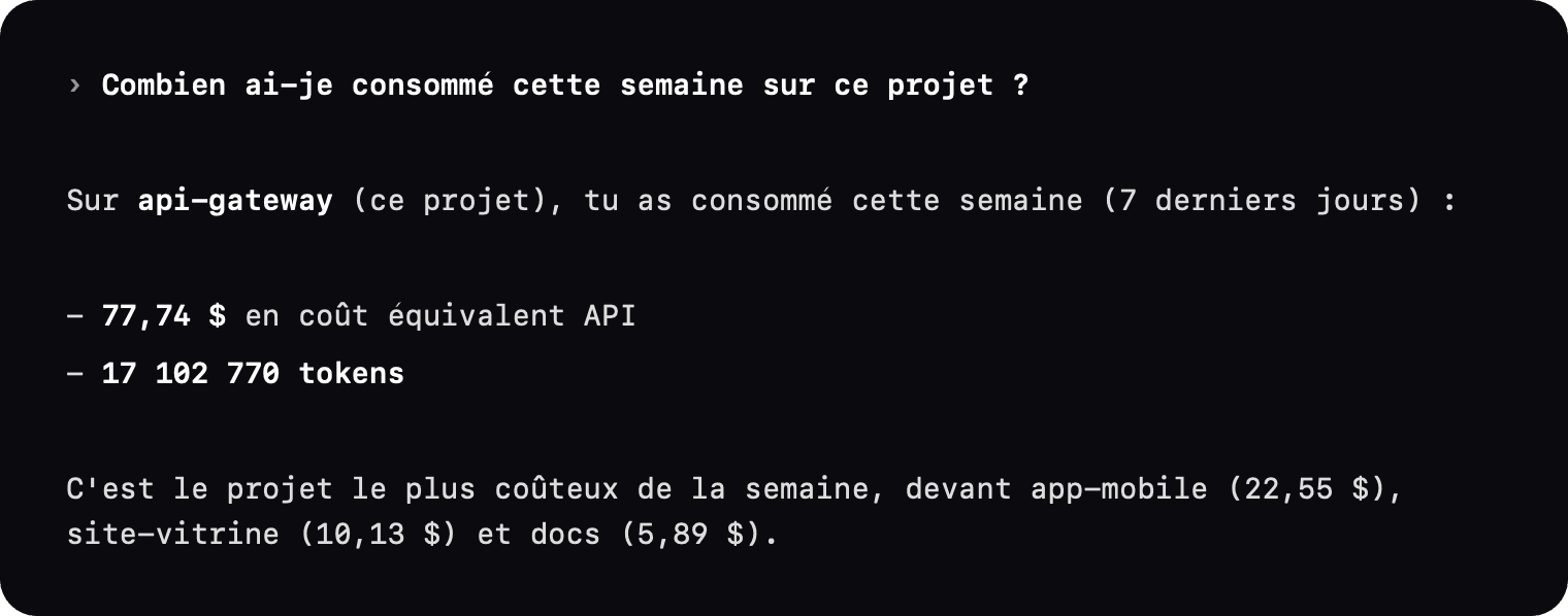 Question à l’agent : « Combien ai-je consommé cette semaine sur ce projet ? », réponse en coût au tarif de l’API et en tokens