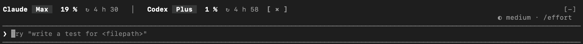 Le bandeau JaugeAI dans Claude Code, dans le Terminal du Mac : Claude Max 19 %, réinitialisation dans 4 h 30 ; Codex Plus 1 %, dans 4 h 58 ; la zone de saisie dessous